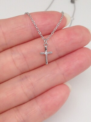 #ad 925 Sterling Silver Small TINY Cz Cross Necklace Pendant Womens Girls 9mm 16 18quot; $19.99
