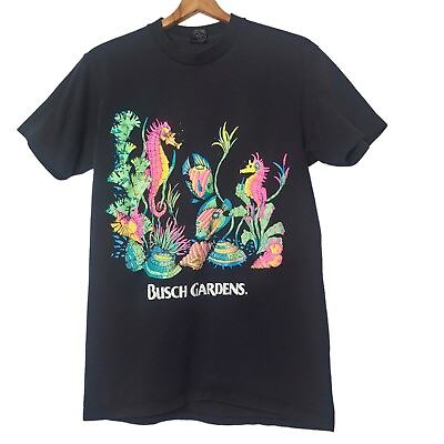 #ad Vintage Busch Gardens Neon Fish Seahorse Single Stitch Large T Shirt Black Ocean $49.97