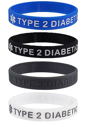 TYPE 2 DIABETIC Medical Alert ID Silicone Bracelets Adult Size 4 Pack $11.95