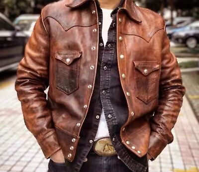 #ad Men#x27;s Real Leather Brown Trucker Jacket Fashion Waxed Biker Retro Buttoned Coat $124.99