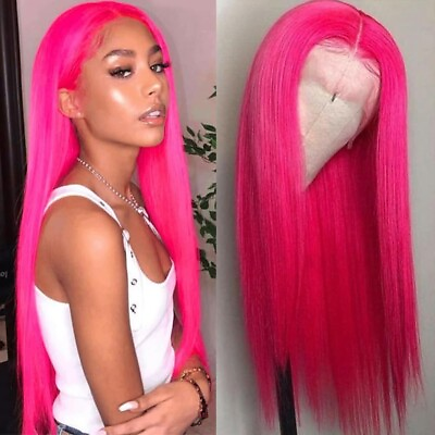 #ad Lace Front Wig Synthetic Long Straight Hot Pink Wig Pre Plucked Natural Hairline $21.90