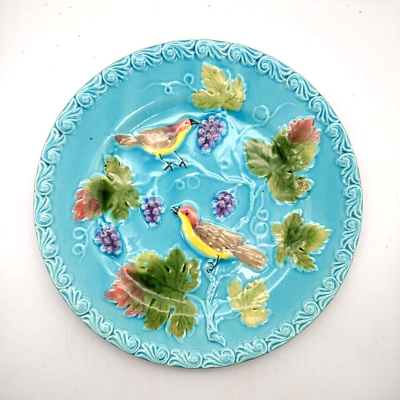#ad German Majolica Birds amp; Grapes Zell 230 L Blue Luncheon Plate 9 1 8quot; $89.99