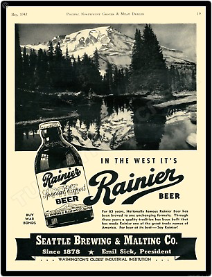 1943 Rainier Beer 9quot; x 12quot; Metal Sign $14.99