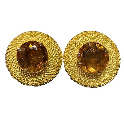 #ad Vintage Clip Earrings Goldtone Textured Round Ambertone Faceted Stone 1 1 8quot; $17.99