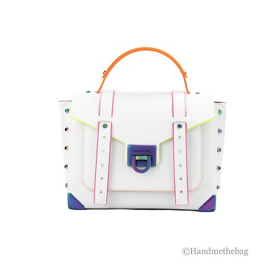 #ad Michael Kors Manhattan Optic White Contrast Trim Leather Top Handle Satchel Bag $189.00