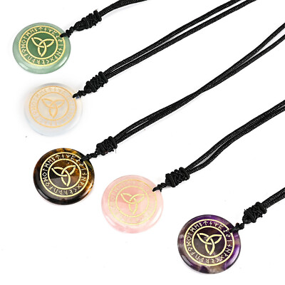 #ad Runes Triqueta Necklace Natural Crystal Carved Round Stone Celtic Knot Pendant $3.79