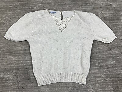 #ad Vintage British Vogue Sweater Womens Large Ivory S S Lace V Neck Made in USA $14.99