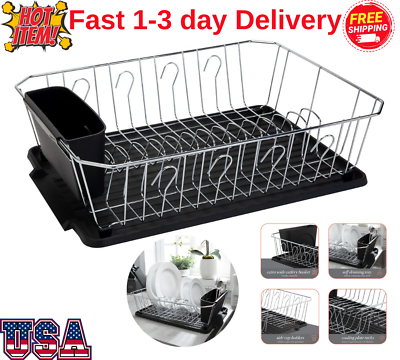 #ad Kitchen Steel Over Sink Dish Drying Rack with Cutlery Holder Drainer Organizer $32.49
