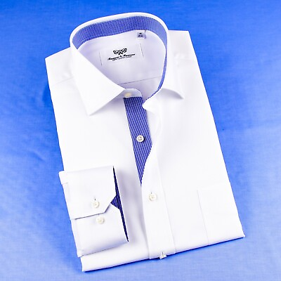 #ad White Poplin Business Dress Shirt With Blue Check Inner Lining Single Cuff Top $49.99