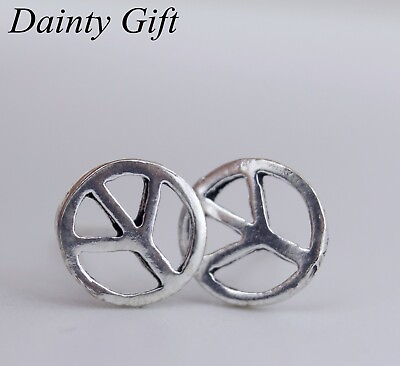 #ad Women Girl Sterling Silver 6.6 mm Peaceful Round Peace Sign Post Earring Stud $11.99