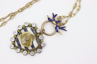 #ad Betsey Johnson Nautical Heart Rose Rhinestone Pendant Necklace White Blue Gold $32.95