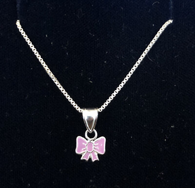 #ad sterling silver 16” box chain necklace and pink enamelled bow pendant 925 GBP 9.99