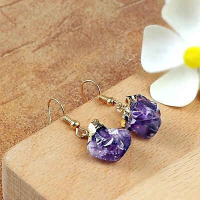 #ad Raw Amethyst Crystal Handmade Women Healing Chakra Anxiety Relief Earrings Gifts $12.80