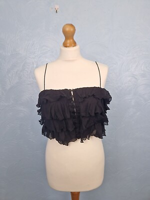 #ad Free People Ruffle Crop Top Size S Strappy Black Frill Button Up Grunge Festival GBP 12.99