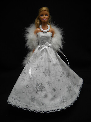 #ad Christmas Silver Snowflakes Gown Fits Barbie Doll Handmade with Boa Necklace * $9.34