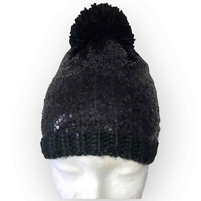 #ad BP Nordstrom Women’s Sequin Beanie Pom Pom Hat Black Sparkly Warmth 0841 $15.00