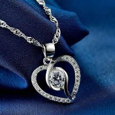 #ad 2Ct Round Lab Created Diamond Heart Shape Pendant Necklace 14K White Gold Finish $129.88