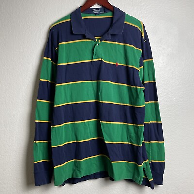 #ad Vintage 90s Polo Shirt Ralph Lauren Rugby Men#x27;s Green Blue Stripe L S XL $49.88