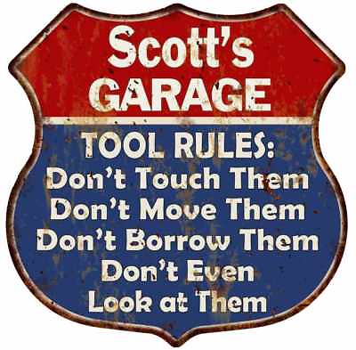 #ad Scott#x27;s Garage Man Cave Rules Personalized Gift Shield Metal Sign 211110001227 $24.95