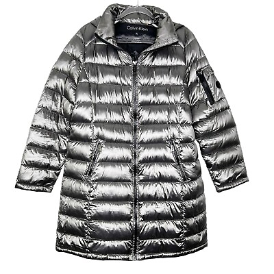 Calvin Klein Down Puffer Jacket Women’s Size XL Silver Long Hooded Winter Coat $64.88
