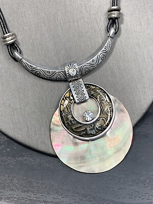 #ad Necklace Vintage WOW Mother Of Pearl Rhinestone Pendant Statement Bohemian 16” $30.20