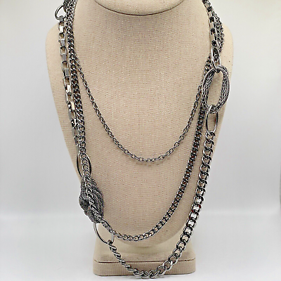 #ad Layered Necklace Gunmetal Gray 3 Strand Chain Long Costume Jewelry 34 36quot; $5.98