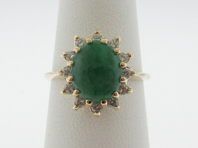 #ad Estate Green Jade Cabochon Diamonds HALO Solid 14K Yellow Gold Ring FREE Sizing $795.00