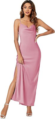 #ad Aigeman Women#x27;s Backless Spaghetti Strap Satin Maxi Dress Elegant Drape Cowl Nec $104.39