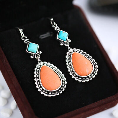 #ad Women Vintage 925 Silver Turquoise Gemstone Drop Dangle Hooks Earrings Jewelry C $2.88