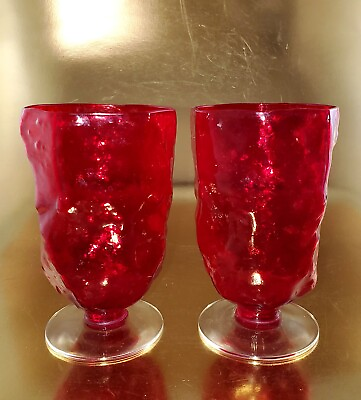#ad Ruby Red Crinkle FOOTED TUMBLERS Morgantown Glass Clear Foot 1940s Era NICE $21.99