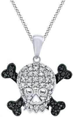 #ad Black White Diamond Accent Skull Crossbones Pendant in 14k White Gold Plated $113.06