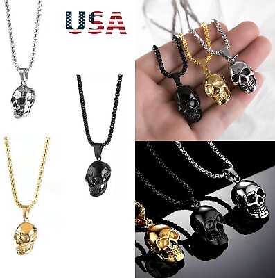 #ad Mens Gothic Biker Skull Pendant Necklace Men Stainless Steel Chain Silver USA $6.71