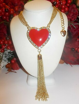 #ad BETSEY JOHNSON LOVELY CRYSTAL INLAY MULTI STRAND RED HEART TASSEL NECKLACE $49.99