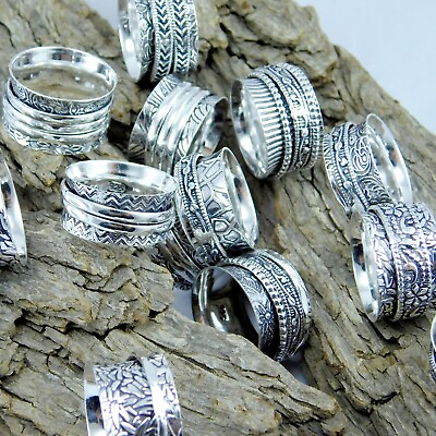 #ad LOT 925 Silver Plated Mix Spinner Handmade Ethnic Jewelry Wholesale Ring $70.00