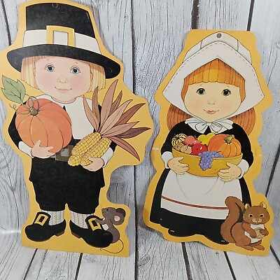 #ad Vintage Thanksgiving Pilgrim Diecut Decor Lot 2 $7.99