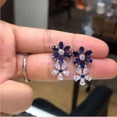 #ad 3Ct Pear Simulated Sapphire Drop Dangle Flower Earrings In 14K White Gold Plated $129.79