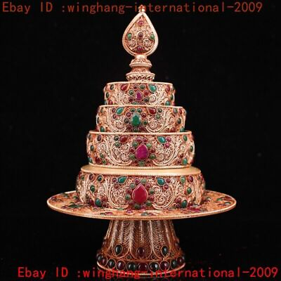#ad 12quot;Tibetan silver Filigree Gilt Jade gem Sacrifice Relic Manza plate Mandala Set $831.60