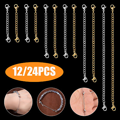 #ad 12 24Pcs Stainless Steel Chain Extender Necklace Bracelet Lobster Lock 2quot; To 6quot; $10.98