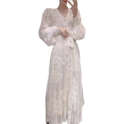 #ad Womens Elegant White Floral Embroidery V Neck Long Sleeves Slim Fit Gown Dress $42.48