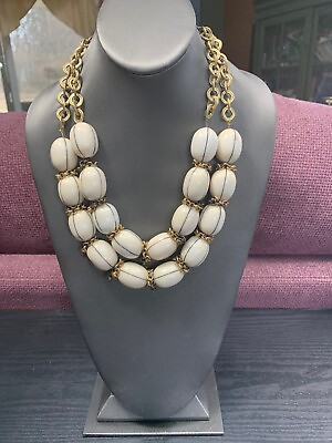 #ad Vintage Necklace Signed Chicos Chico’s gold pendant Double White Beaded 20” $28.70