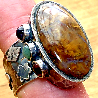 #ad Natural Rare Russian Gold Pietersite Ring Sz 7 Sterling Silver 925 Hammered 14g $64.94
