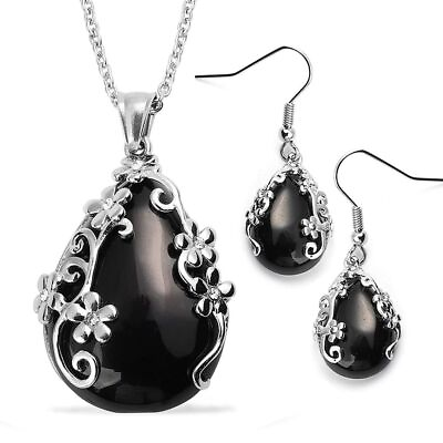 #ad Black Onyx Crystal Flower Earrings Necklace for Women Pendant 20quot; Set Ct 70.3 $15.38