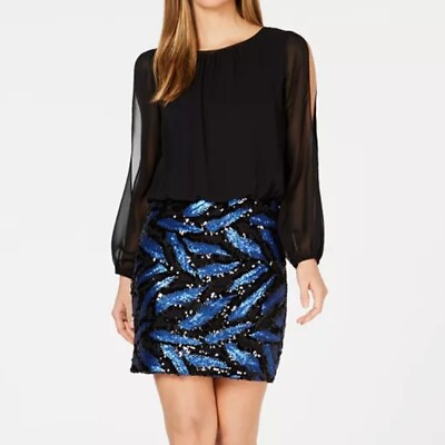 #ad Calvin Klein Evening Women#x27;s Size 10 Sequined Blouson Dress Black Blue Cocktail $99.00