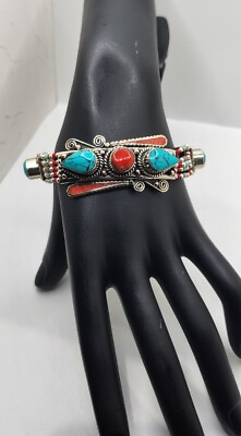 #ad Turquoise And Coral chip inlay ethnic tribal boho Tibetan Bracelet Unisex $34.75