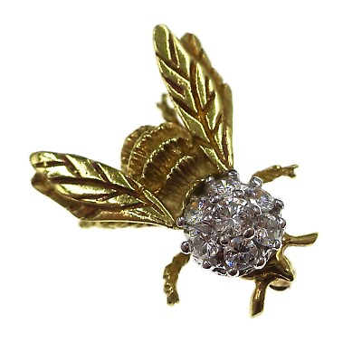 #ad 18k Solid Yellow Gold Natural Diamond Bumble Bee Pin 1 inch Long $995.00