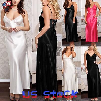 #ad US Women Long Silk Satin Dress Sleepwear Lingerie Sexy Ladies Nightie Nightdress $13.89