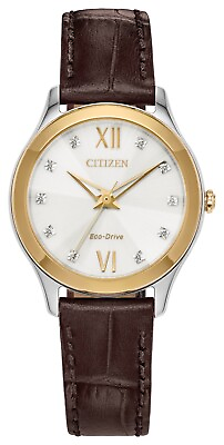 #ad Citizen Eco Drive Women#x27;s Diamond Accents Brown Gold Watch 29MM EM1018 24A $124.99