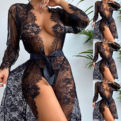 #ad Sexy Women Mesh Sheer Lingerie Sleepwear Dress Babydoll Kimono Robe Nightwear US $13.39