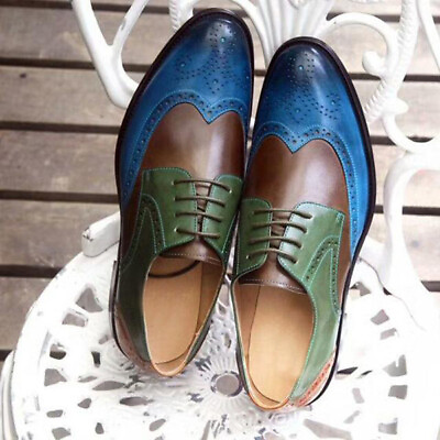 #ad New Men#x27;s Fashion Three Tone Brown amp; Blue amp; Green Leather Derby Lace Up Shoes $124.99