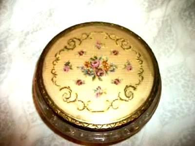 #ad ANTIQUE POWDER JAR VANITY FRENCH REPOUSSE BRONZE PETIT POINT ROSES ORNATE GLASS $75.01